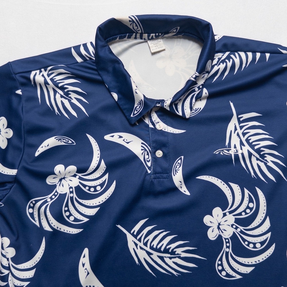 Palmwave Hawaii Polo Shirt Mens L Blueโ White Tropical Floral - Picture 3 of 17